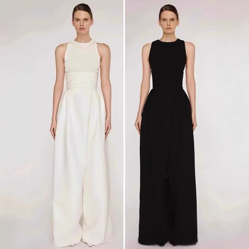 

Эластичный жилет с скользящим верхом, плиссированные широкие брюки, комплект с высокой талией, длинные брюки для поездок на работу, лето 2025 г., женская мода