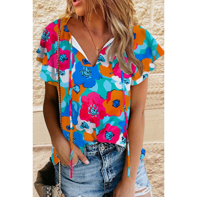 

Flower Printed Drawstring V-neck Short Sleeved Women's Shirt Women's Bright Color Loose Casual Top Women