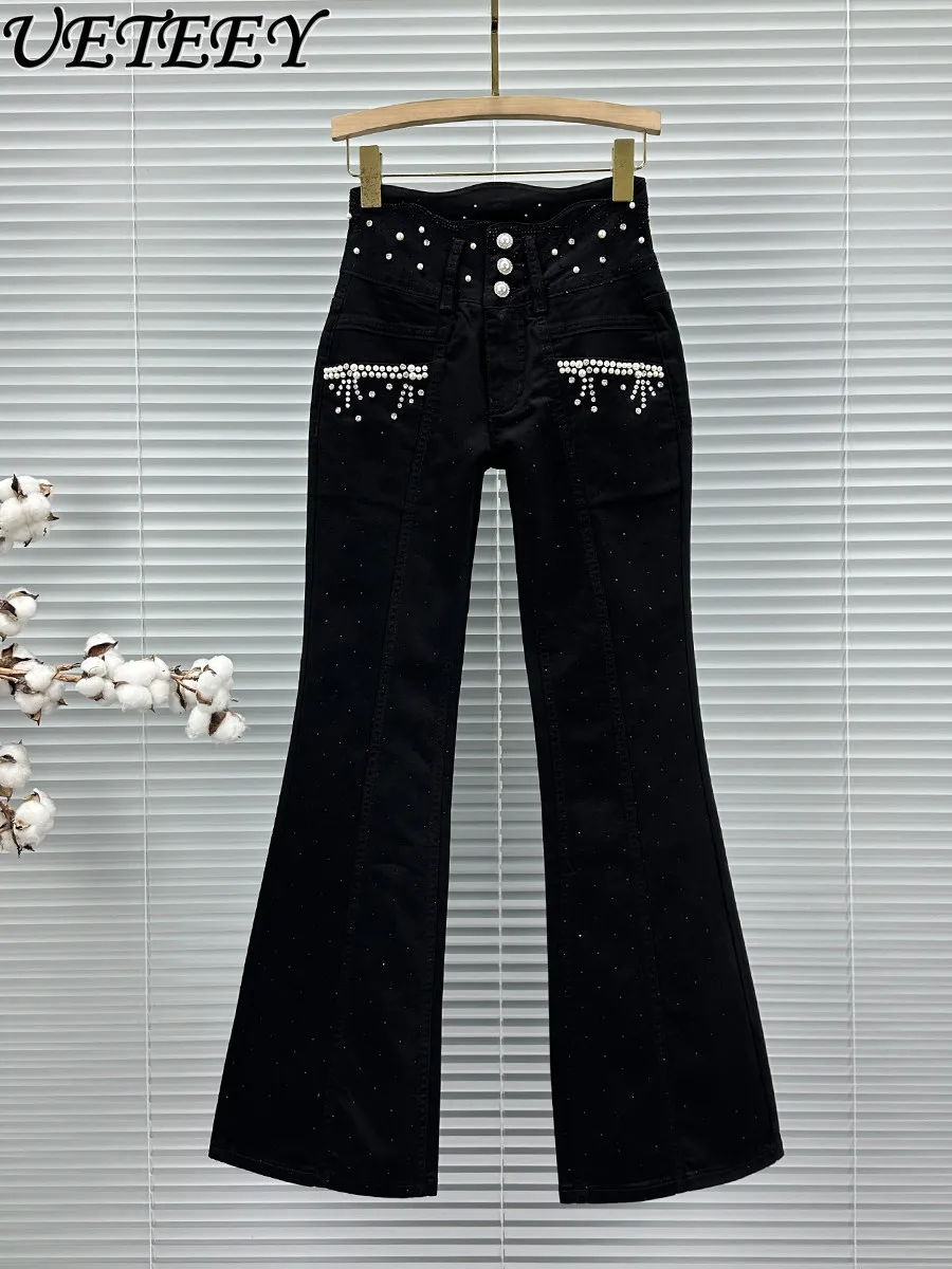 

Джинсы женские в европейском стиле с бисером и стразами, модные, весна 2026, новые, с высокой талией, облегающие, универсальные, расклешенные, длинные, джинсовые брюки