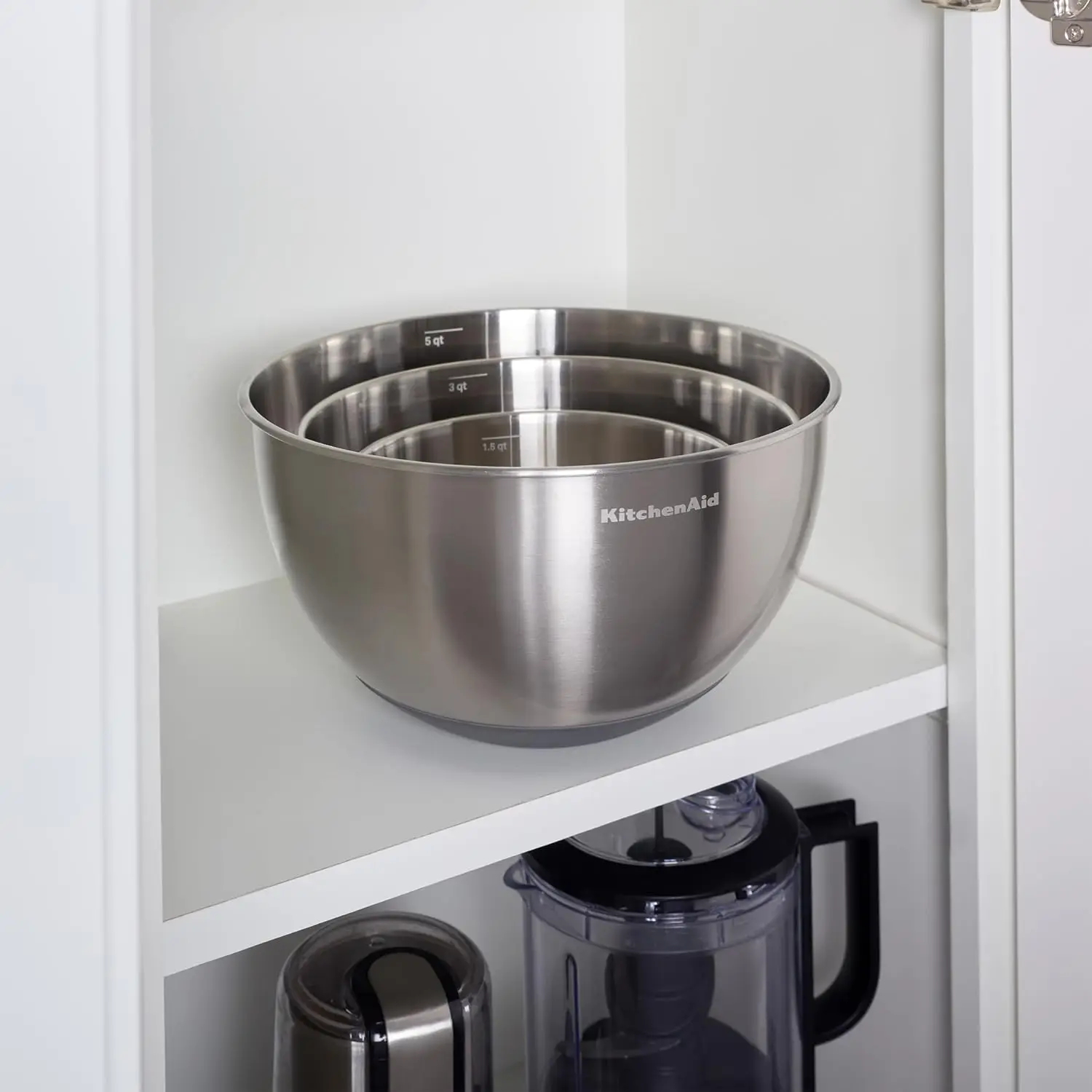 Stainless Steel Mixing Bowls, Set of 3, Bowls nest for efficient and space-saving storage in cabinets