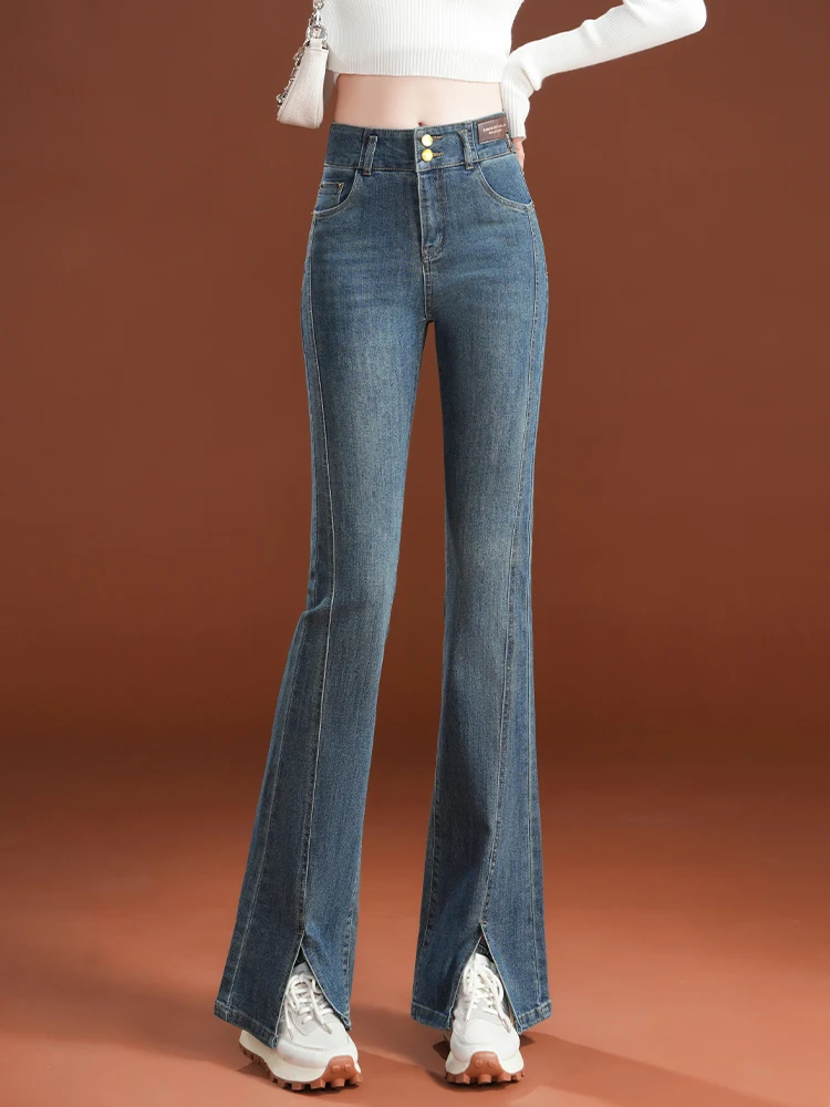 

High Waist Slim Fit Retro Bell Bottom Jeans Women's Spring Autumn New Style Hoof Pants Slimming Split Bell Bottoms