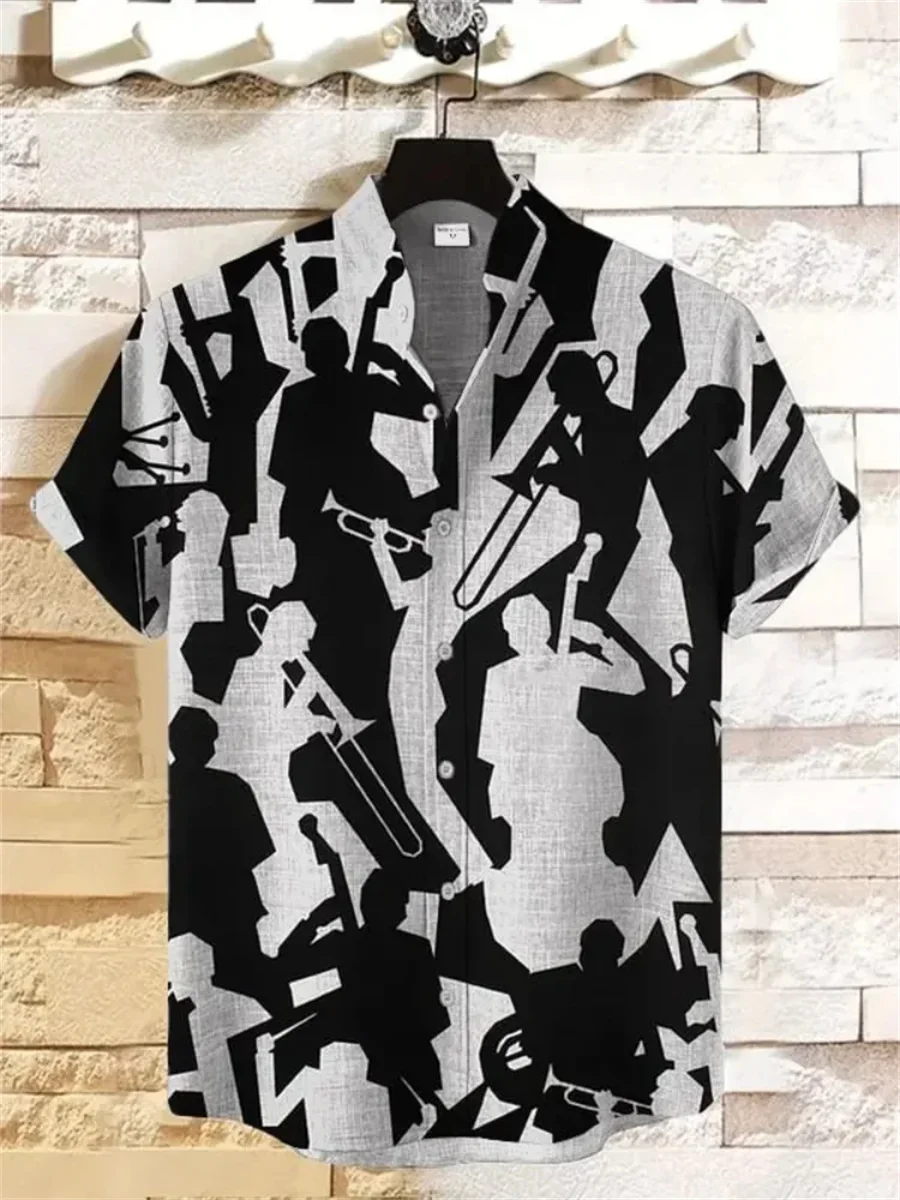 Men's irregular pattern printed short-sleeved shirt street trend retro linen 2025 new hot-selling tops men's fashion shirt