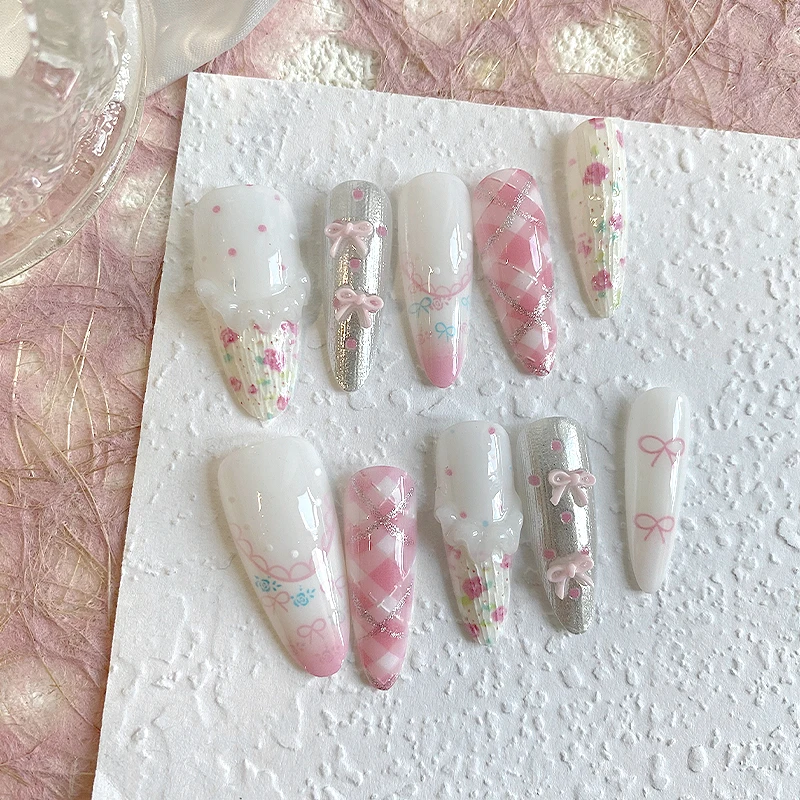 10 قطع من الأظافر البيضاوية الطويلة المضغوطة يدويًا، أظافر صناعية جميلة، وردي وأبيض، فيونكة لطيفة، مناسبة للاستخدام للنساء