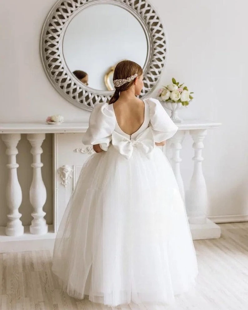 Атласное платье-пачка принцессы для девочек-цветочниц, фатиновое платье цвета слоновой кости со шлейфом, бальное платье для девочек, платья для вечеринок и свадеб