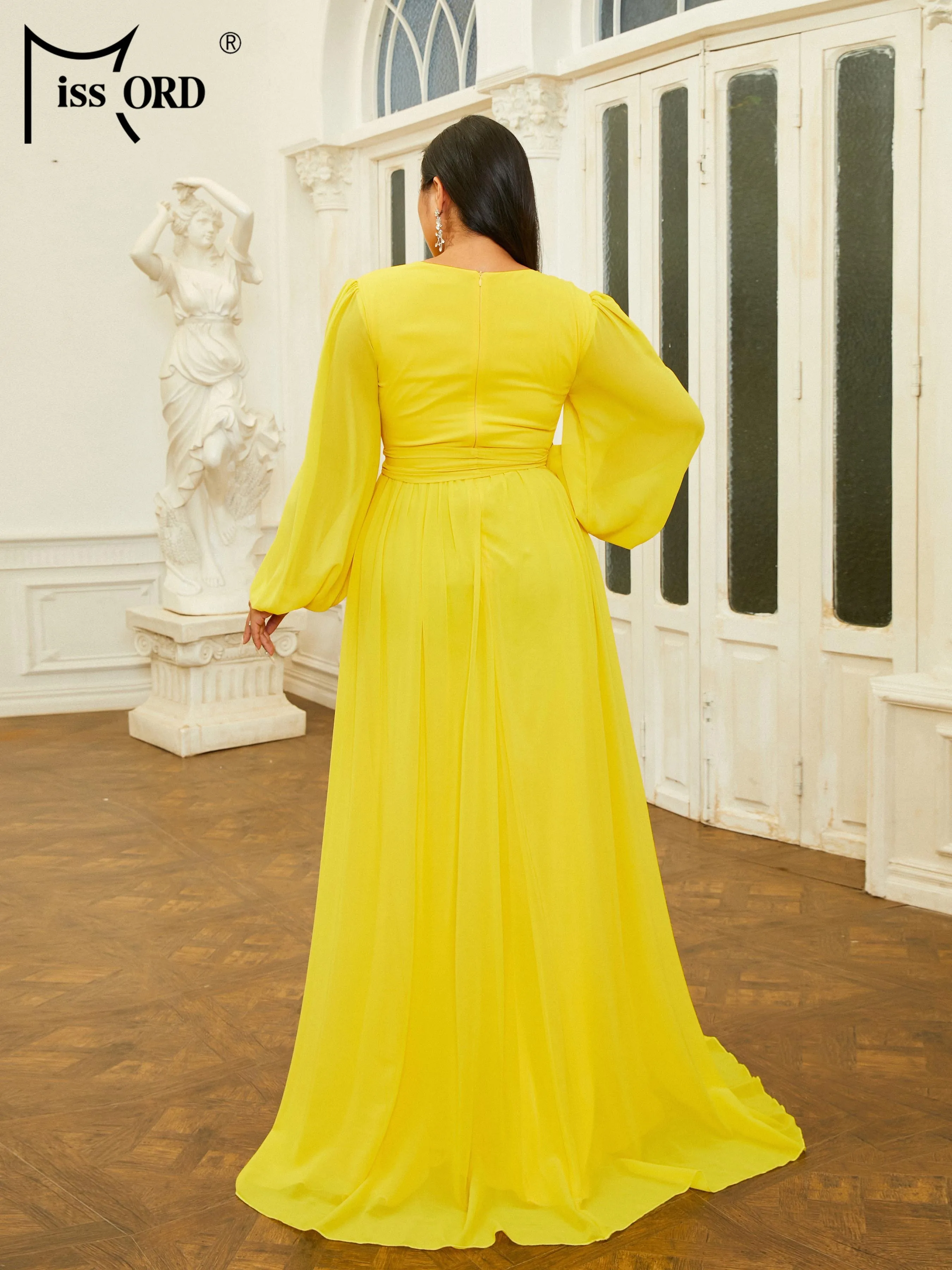 Missord New Plus Size Yellow Cutout girocollo manica lunga a-line Evening Prom Party abiti per occasioni formali