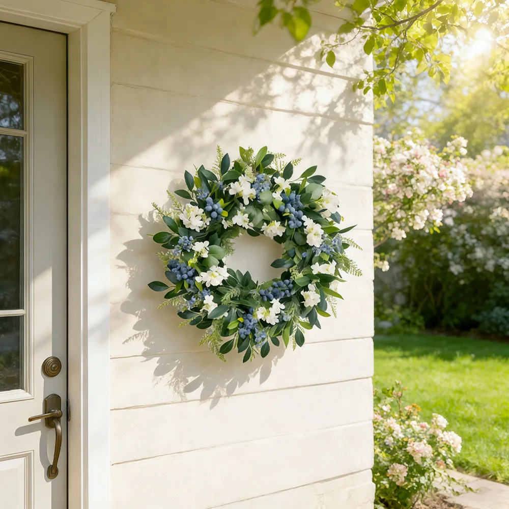

Spring Blue Berry & Hydrangea Artificial Wreath, Green Foliage Front Door Decor
