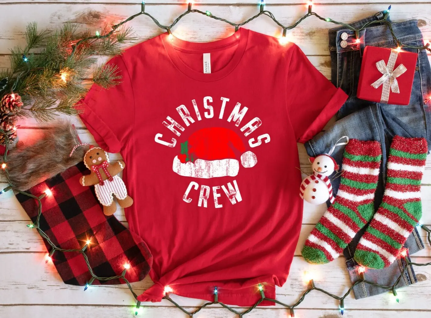 Christmas Crew T Shirt Party Santa Claus Hat Winter Holiday Gift Family Matching