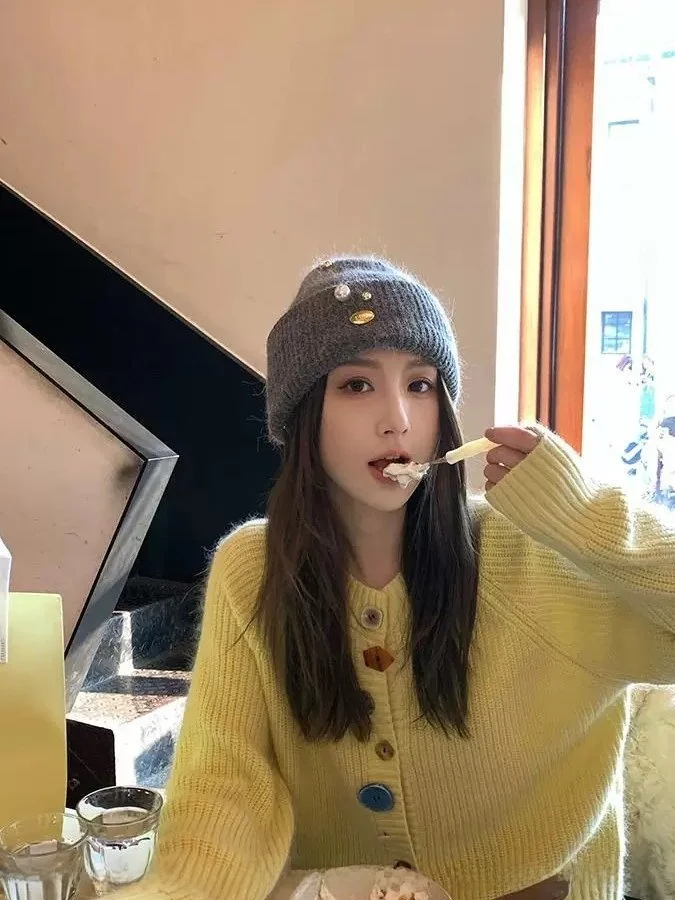 甘い黄色のシングルボタンニットセーターカーディガン女性のルーズ Sle 韓国語バージョン秋冬 Faion カジュアルアウター