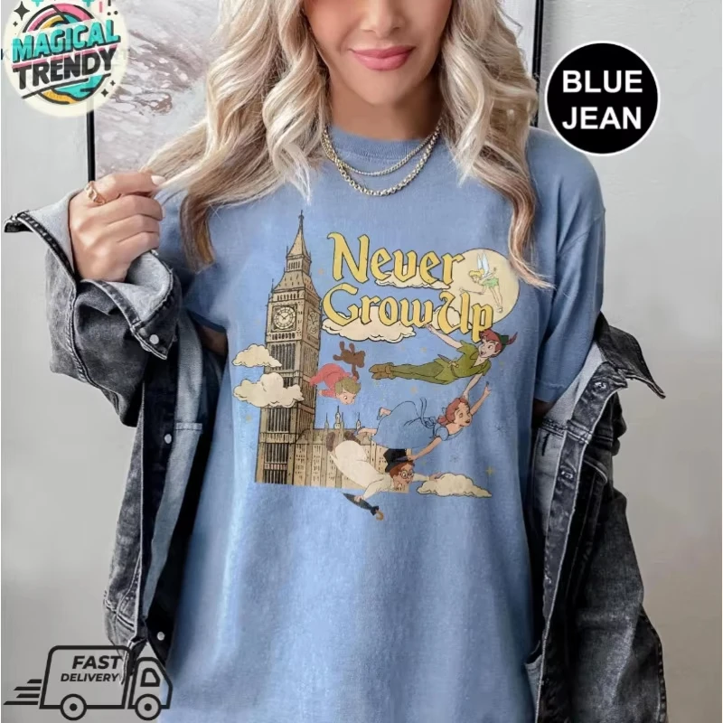 Koszulka Letnia Nowość 2025 Retro Piotruś Pan Nie Dorasta Koszulka Retro Dzwoneczek Wendy Lot Nigdy Nie Się Zatrzymuje Koszulka Wakacje Rodzinne