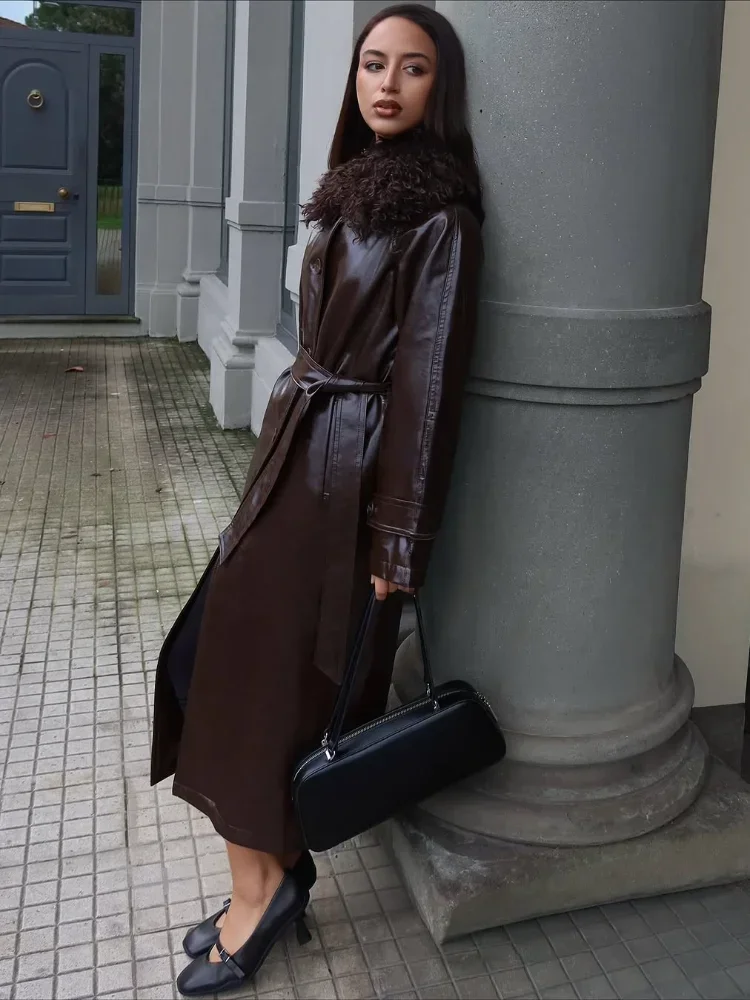 Fur Collar Patchwork Women Leather Jacket Fashion Full Sleeve Lace Up Loose Coat With Belt 2025 Lady Daily High Street Outerwear