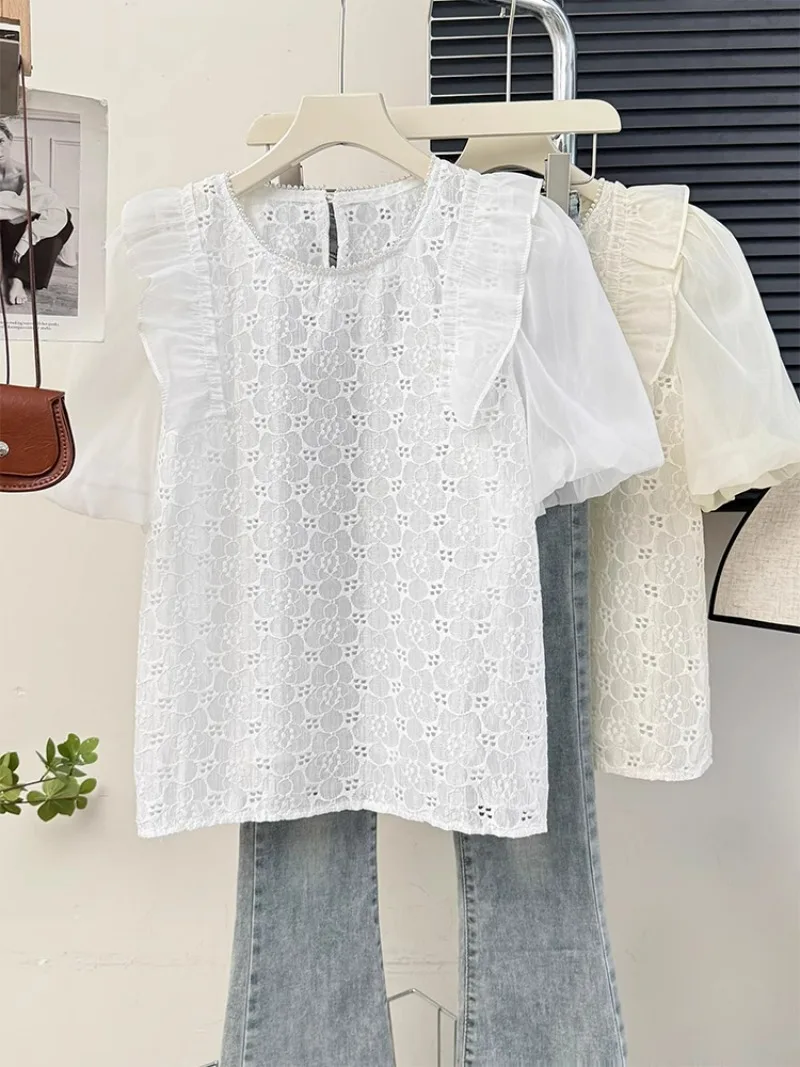 

O Neck Puff Short Sleeve Ruffles Patchwork Blusas Hook Flower Hollow Vintage French Blouses Sweet Kawaii Summer Women Shirts