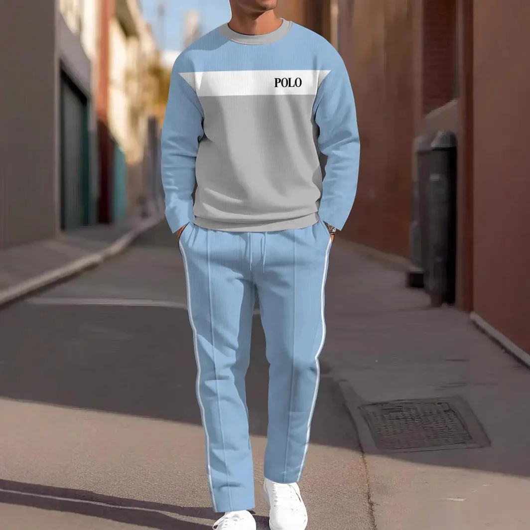 Mens Cross Border Round Neck Tech Print Casual Sports Set Long sleeve Top  Long Pants Loose fit Sweater and Sweatpants 2piece Se