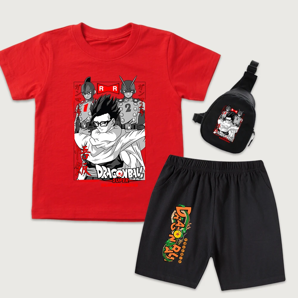Dbs Gohan Print Cotton T Shirt Shorts and Mini Chest Bag Set for Kids Boys Girls Casual Daily Wear Breathable 3 Pieces Set