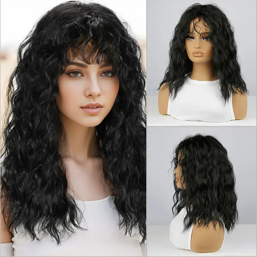 Synthetic Fashion Black Bangs Curly Wave Medium Wig Women Simulation Cosplay Full Head Cover