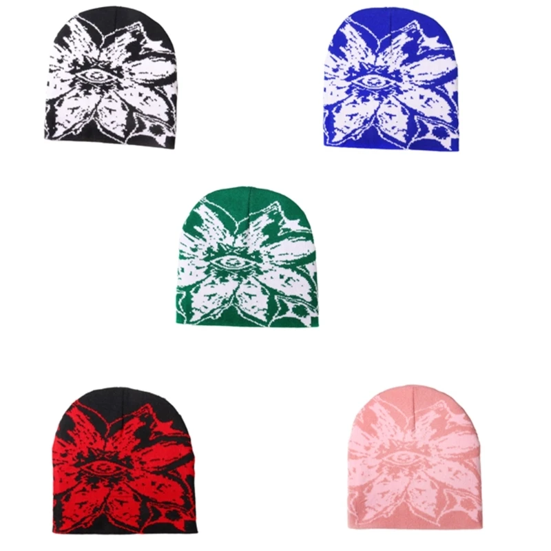 Unisex Jacquard Eye Flower Pattern Knitted Hat Fashionable Winter Warm Hiphop Bonnet Skull Hat for Men and Women