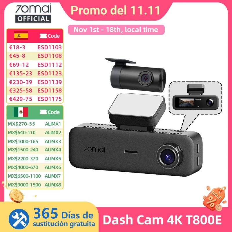 70Mai T800E Cámara de salpicadero de 3 canales: frontal 4K + trasera 1080P + int