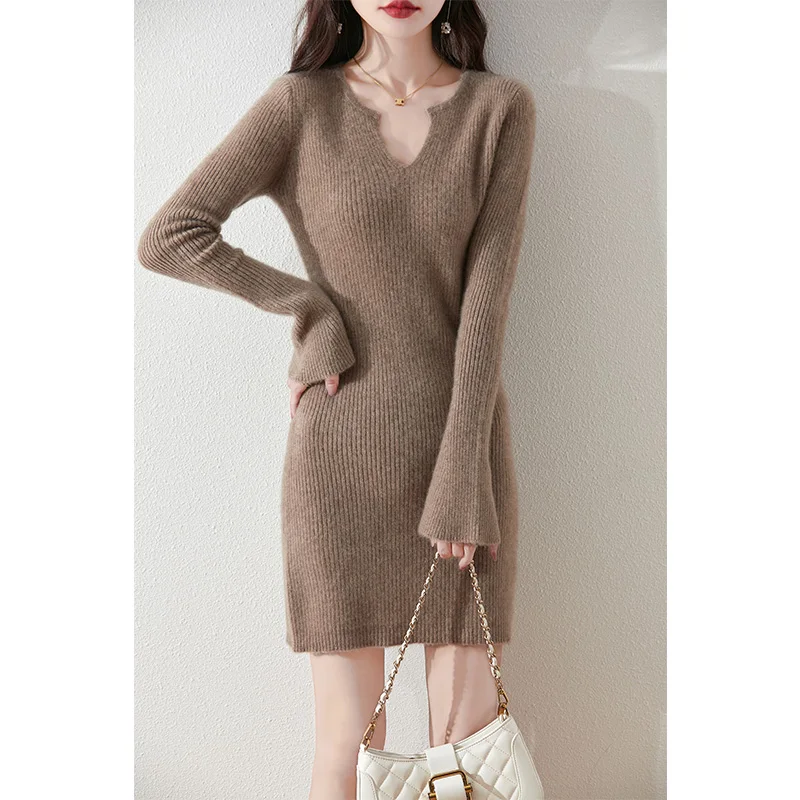 V-neck 100% pure wool women's long skirt slim knit dress knitted pullover sweater tight fitting women's hot selling wool dress