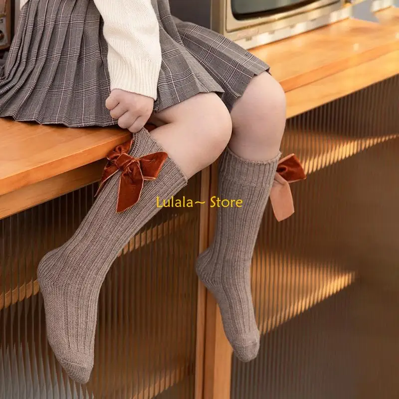 

Y4QA/Детские вязаные гольфы в массивную рубчику для девочек, однотонные милые бархатные чулки с бантом