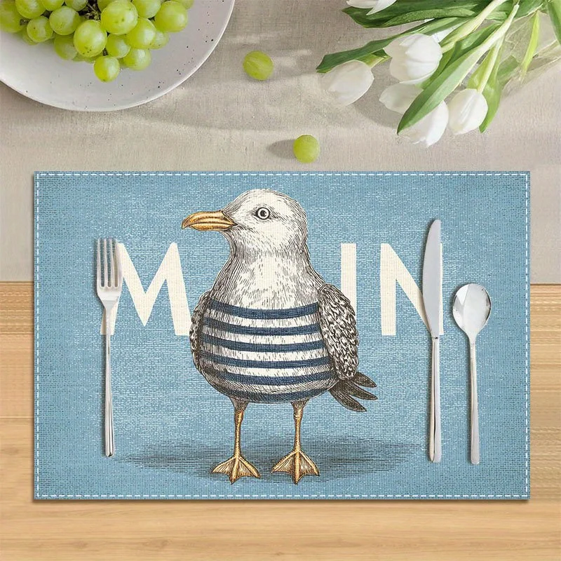 4pcs Cute Cartoon Seagull in Striped Sailor with MOIN Text And Placemat Washable Placemats for Dining Table Kitchen