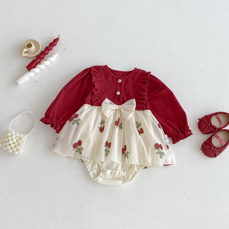 Romper Bayi Perempuan Baru Lahir Natal 0-3 Tahun Romper Bayi Musim Gugur Bodysuit Pita Anak-anak Strawberry Onepiece Pakaian Bayi Modis