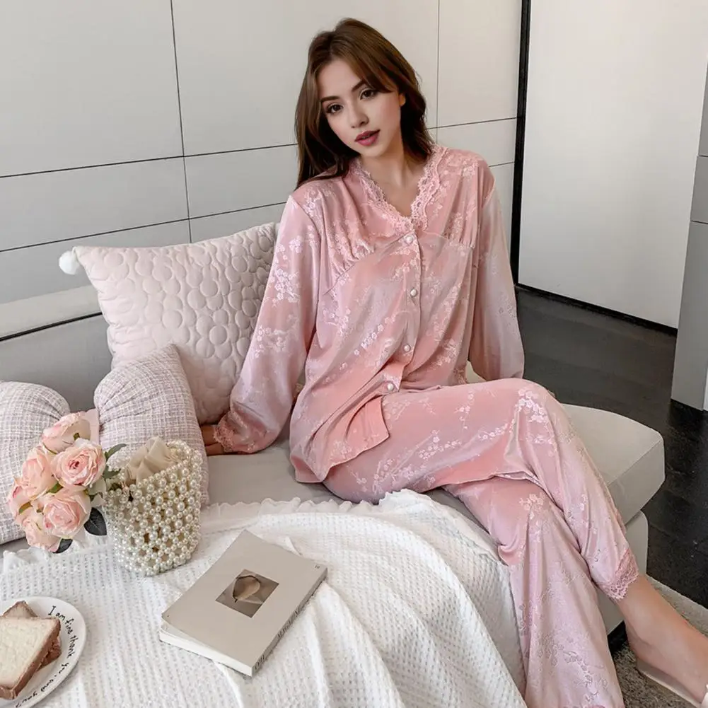 

Women Pajama Set Cozy Lace Trim Pajama Set for Women V Neck Coral Fleece Top Elastic Waist Trousers Fall Winter Sleepwear