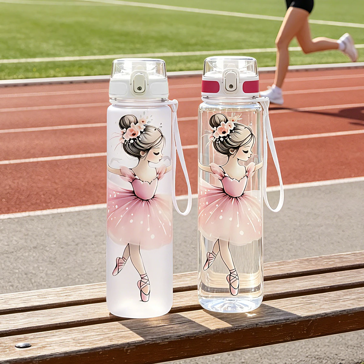Botella de agua deportiva con estampado de bailarina, 1000ml, taza portátil a prueba de fugas para viajes al aire libre y fitness