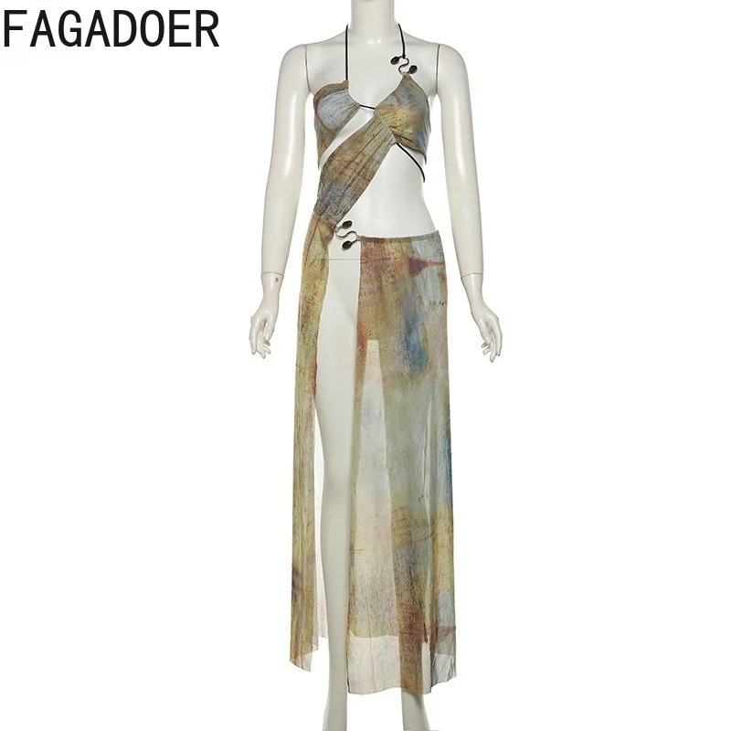 FAGADOER Set da due pezzi stampato estetico sexy da donna con fasciatura all'americana e canottiera irregolare + gonne divise laterali alte streetwear femminile
