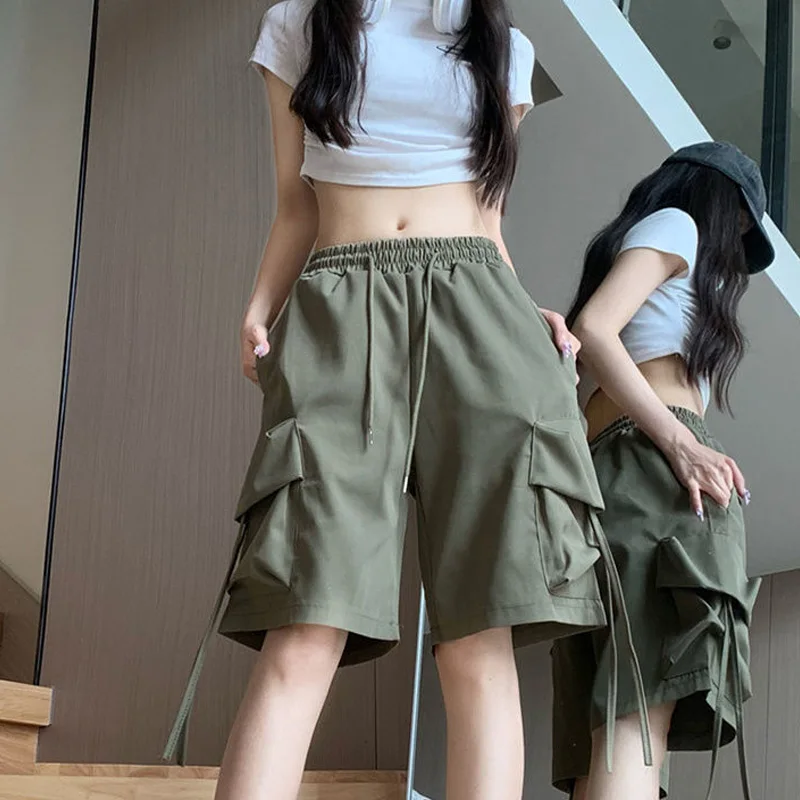 New Solid Women's Clothing Fashion Cargo Summer Loose Preppy Style Elastic Waist Straight Trousers Ladies Trend Wide Leg Pants