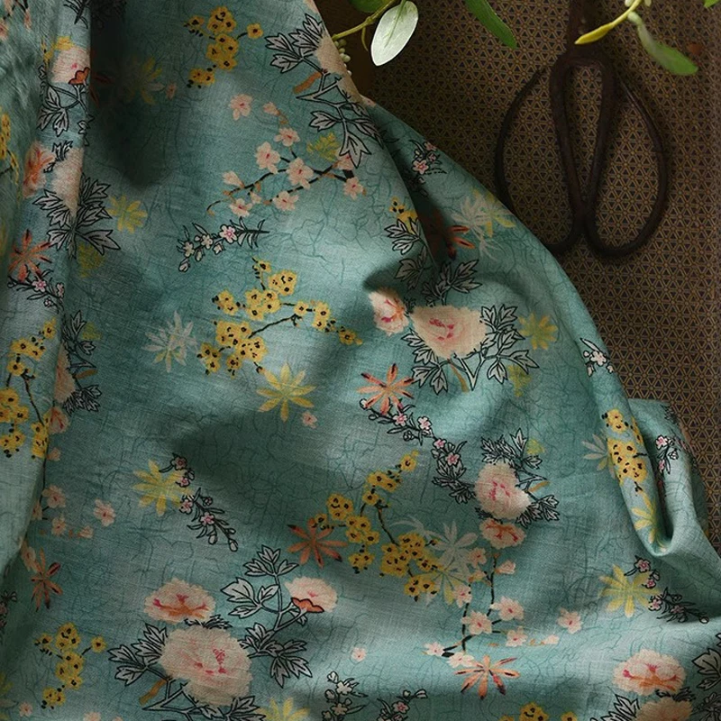 

145CM Wide 150G/M Pink Yellow Floral Printed on Blue Green Fabric for Summer Pants Dress Clothes,80% Cotton 20% Linen R541