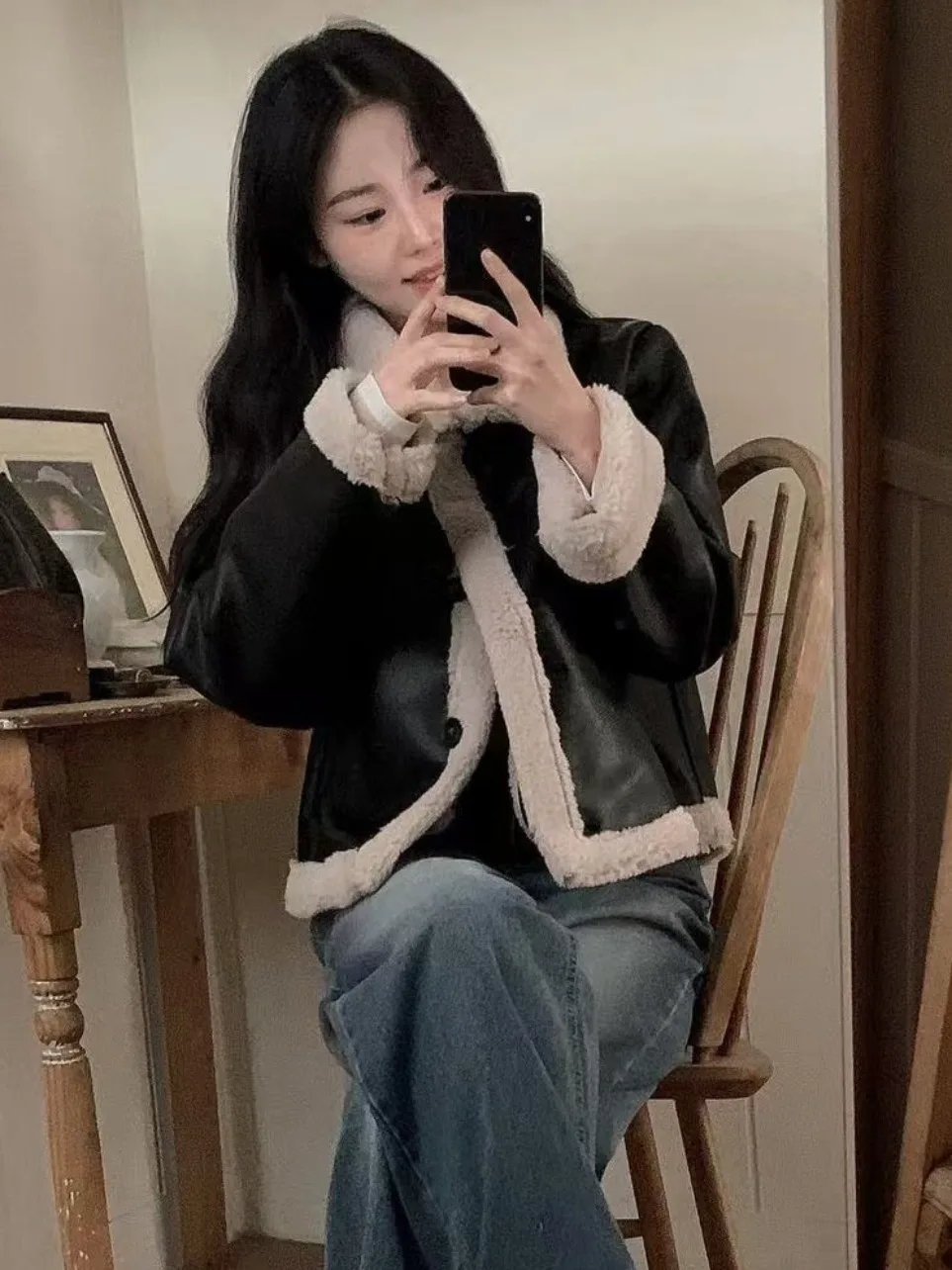 Sli Retro PU cuero Jaet abrigo de mujer piel intercalada ropa de motocicleta invierno nuevo tamaño pequeño Jaet Top