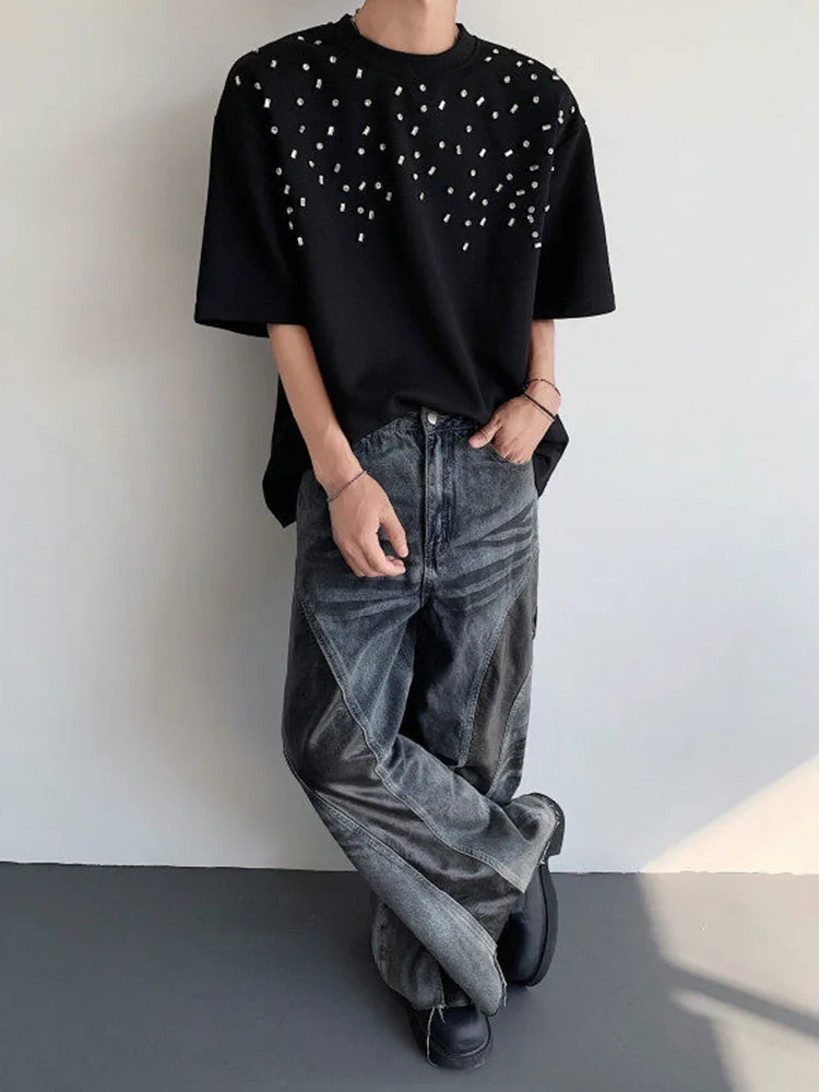 

Мужская футболка с стразами в стиле High Street, летняя, американский кэжуал, черная, люксовая, блестящая, с подплечниками, с коротким рукавом