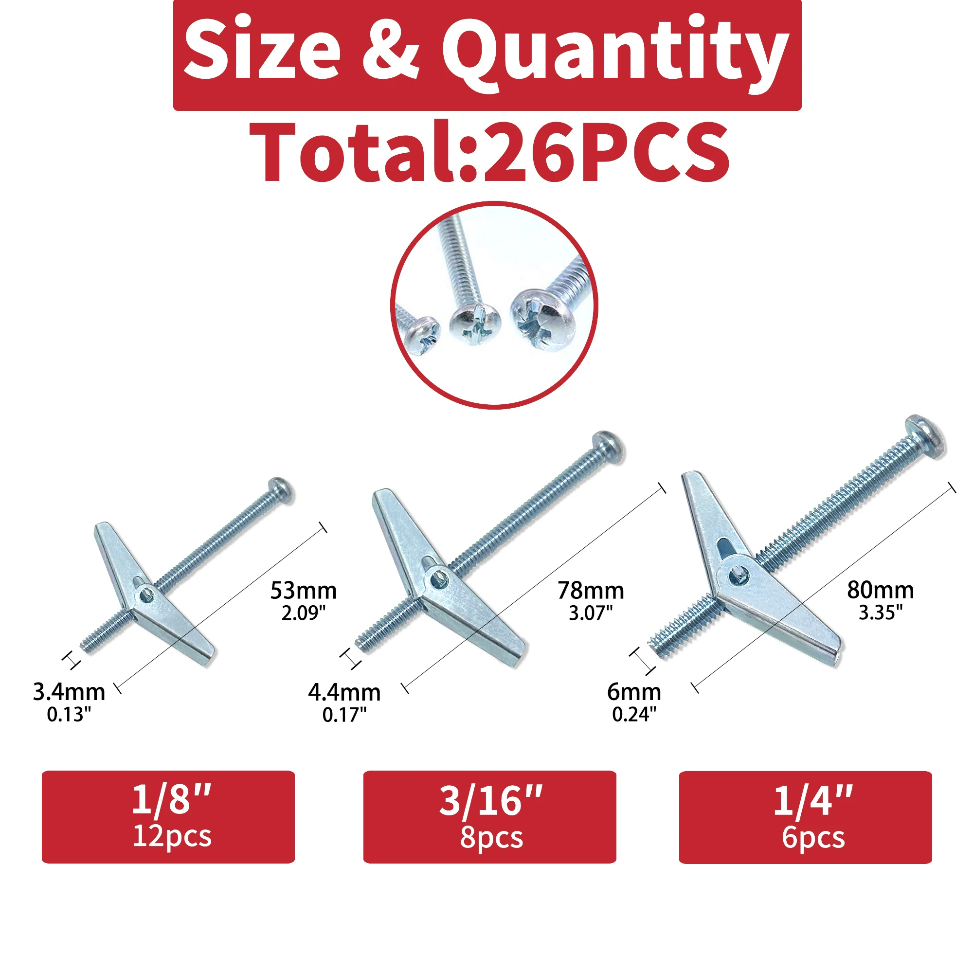 26pcs Toggle Bolt and Wing Nut for Hanging Heavy Items on Drywall Heavy Duty Hollow Wall Anchors for Drywall Carbon Steel