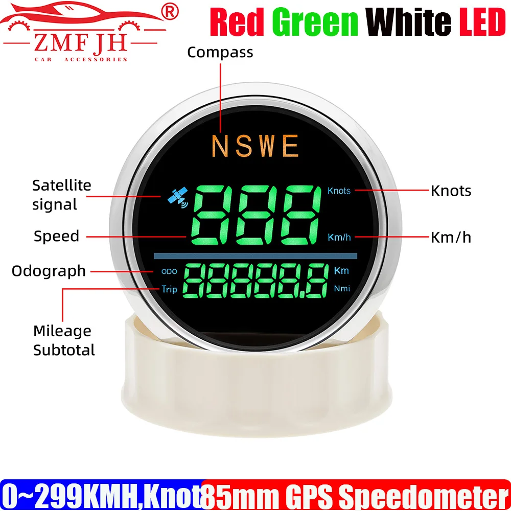

ZMFJH цифровой 0-299 км/ч, узел 85 мм GPS спидометр с антенной TRIP одометр пробега зеленый красный белый светодиод для автомобиля лодки яхта