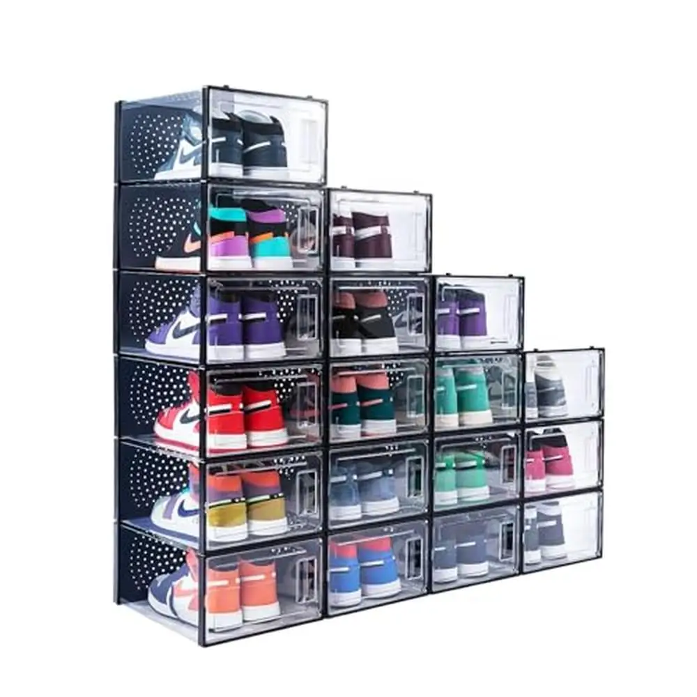 

Foldable Transparent Shoe Box Stackable Shoe Organizer Bins Large Size X-Large Air Circulation Lightweight Durable Plastic Shoe