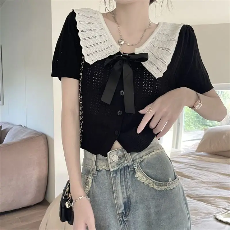 Women Summer Simplicity Slim Sweet Bow Hollow Out Peter Pan Collar Short Sleeve Knitting Shirts Ladies Casual All-match Tops