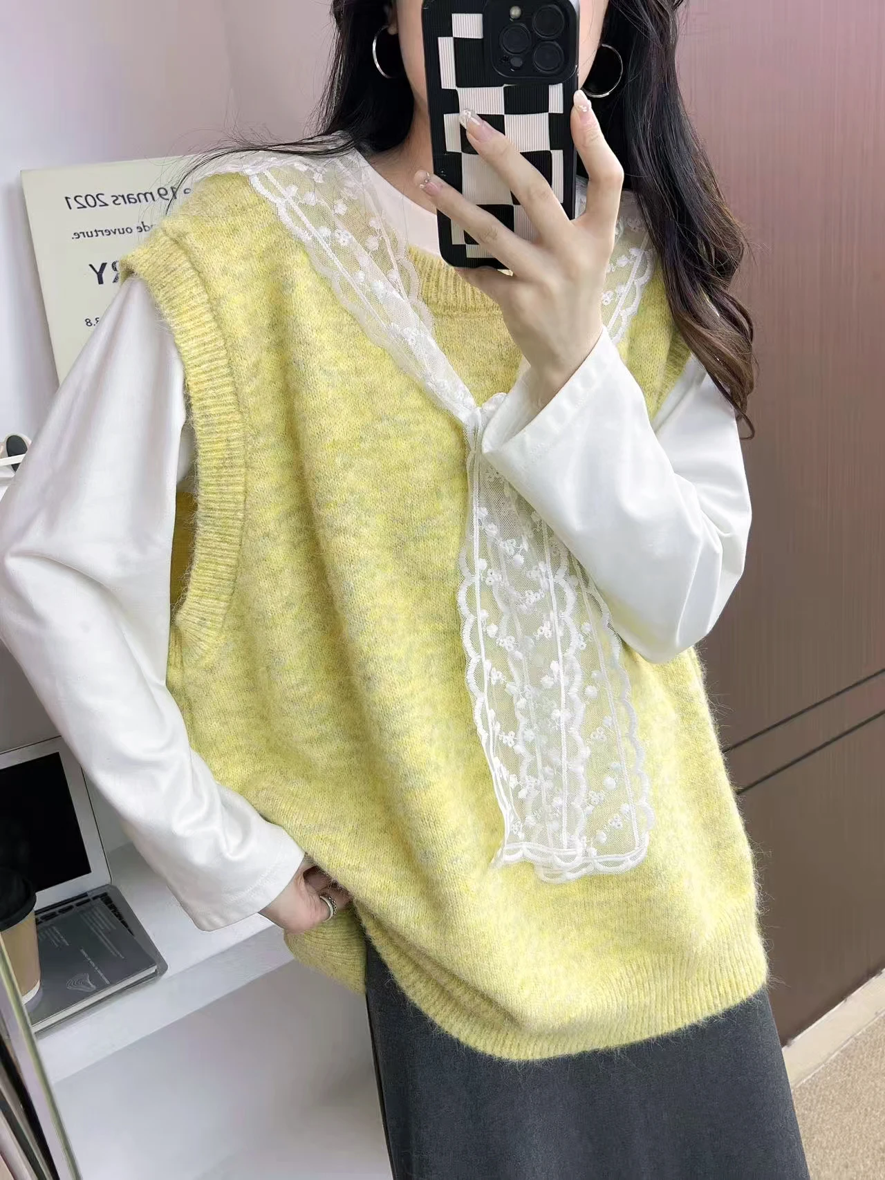 

Женский утепленный вязаный жилет больших размеров с кружевными узлами для многослойных образов, осенне-зимний, цветной