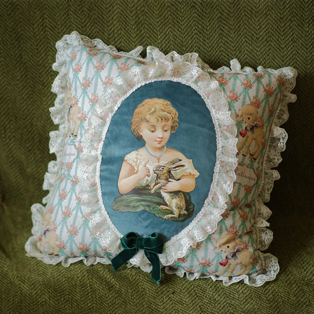 

French Ruffle Edge Sofa Pillow Home Decoration Retro Cushion Cotton Velvet Removable Washable Printed Pillow 40cm x 40cm