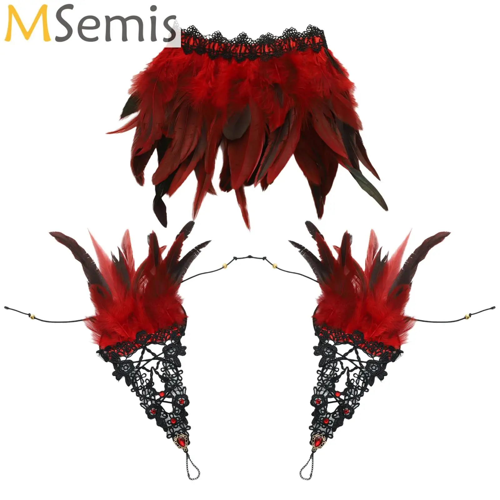 1 Set Feather Fake Collar with Wrist Ring Gothic Style Imitation Feather Shawl Hollow Out Lace Halloween Cosplay Shoulder Scarf