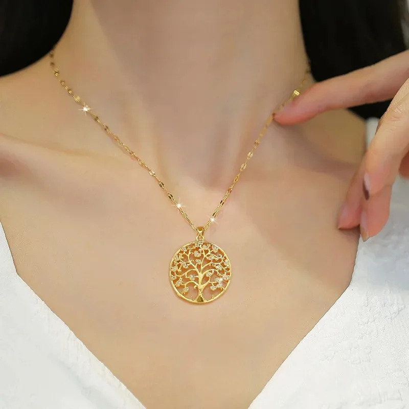 Temperamental Luxury Rhinestone Tree of Life Pendant Necklace Women Vintage Stainless Steel Waterproof Chain Aesthetic Jewelry image 3