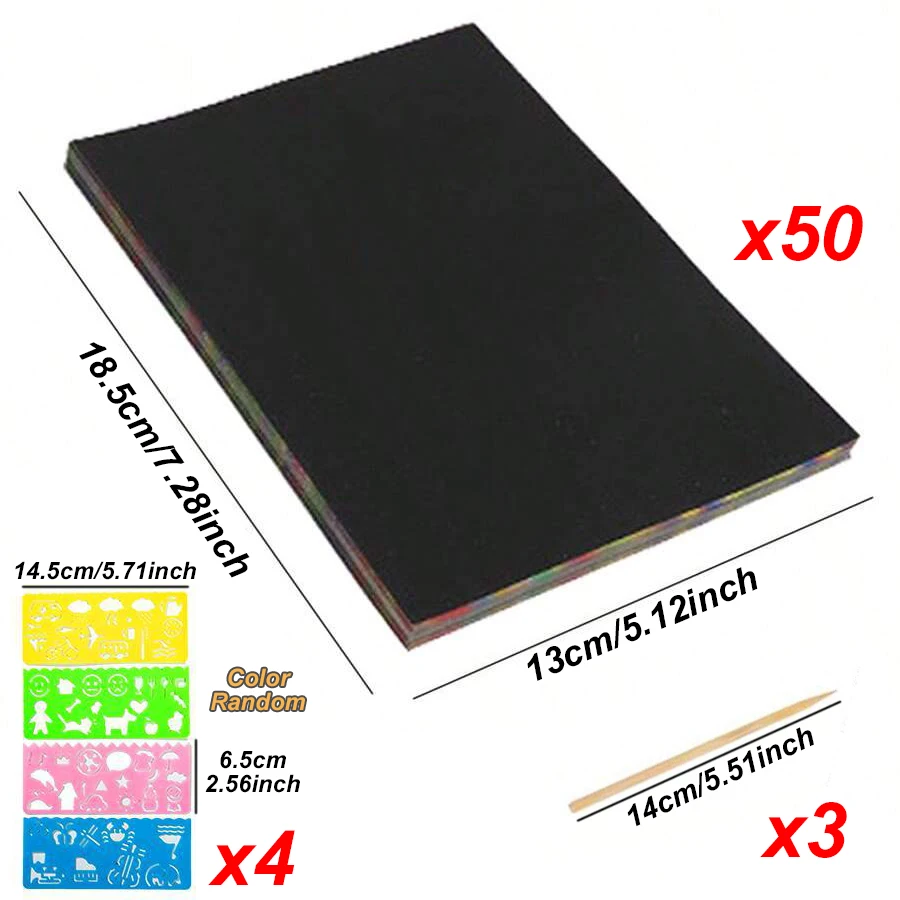 50pcs 18.5cm Scratch painting set with 4pcs Painting Template Ruler Imaginative DIY Painting Art Kits School Office Supplies