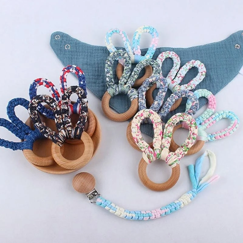 

J15U Baby Wooden Hand Grasp Toy DIY Knitting Rabbit Ears Teether Bracelet Handheld Rattle Intelligence Gifts for Infants