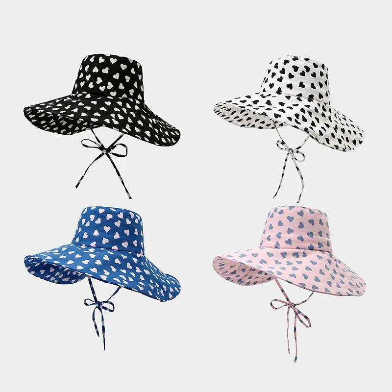 Korean Style Heart Print Wide Brim Fisherman Hat Face Slim Chin Strap Japanese Fresh Beach Travel UV Protection Women Sun Hat