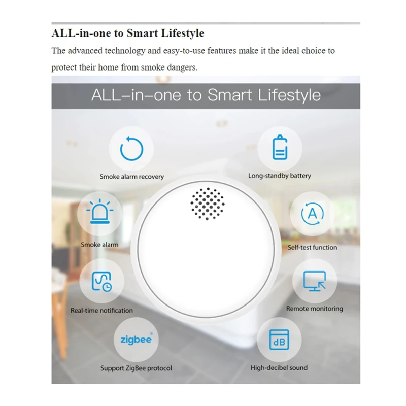 Zigbee Smart Wireless Smoke Detector Fire 85Db Sound Alarm Siren Sensor Smart Safety Protection Home Kitchen Fire Alert