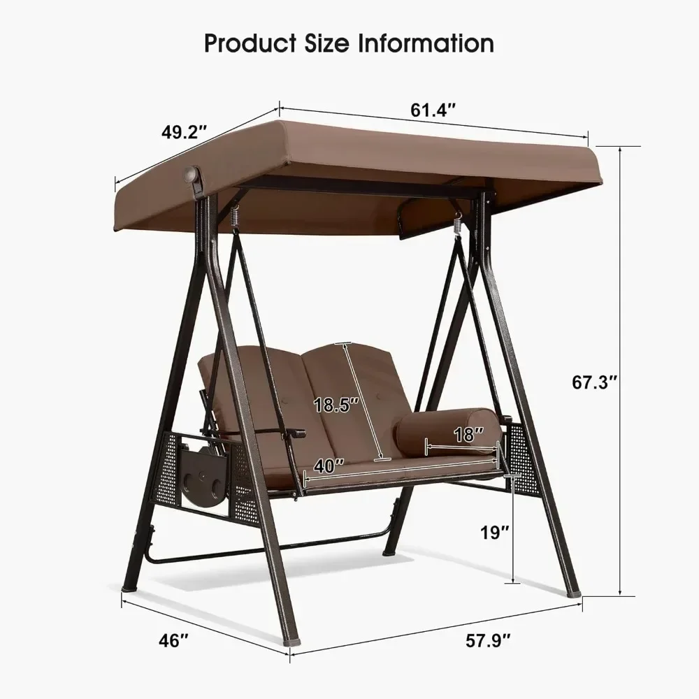 2-Seat Outdoor Patio Porch Swing with Weather Resistant Steel Frame, Adjustable Tilt Canopy, Cushions and Pillow Included, Beige