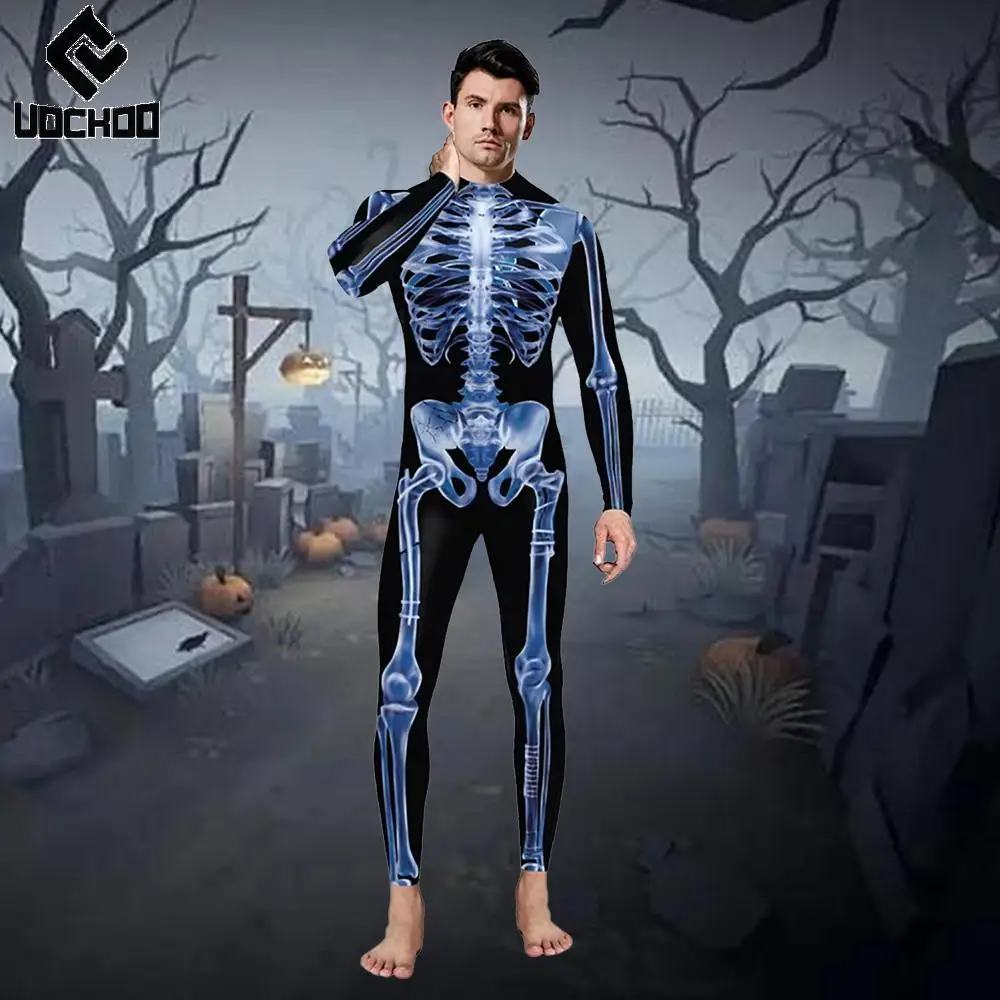 

3D Print Skeleton Jumpsuit Adult Halloween Cosplay Costume Long Sleeve Skinny Catsuit Men Skull Bodysuit Bone Cosplay Outfit
