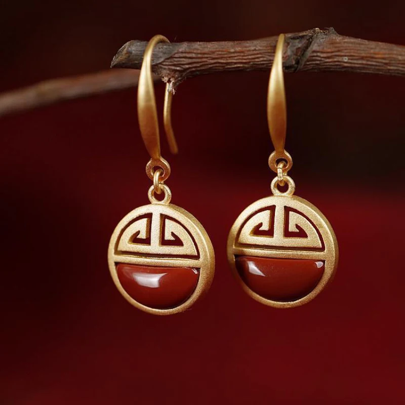 Chinese style blessing shape Earrings for Women Necklace Ring Ancient Gold Craft Inlaid Southern Red Tourmaline Jewelry Sets