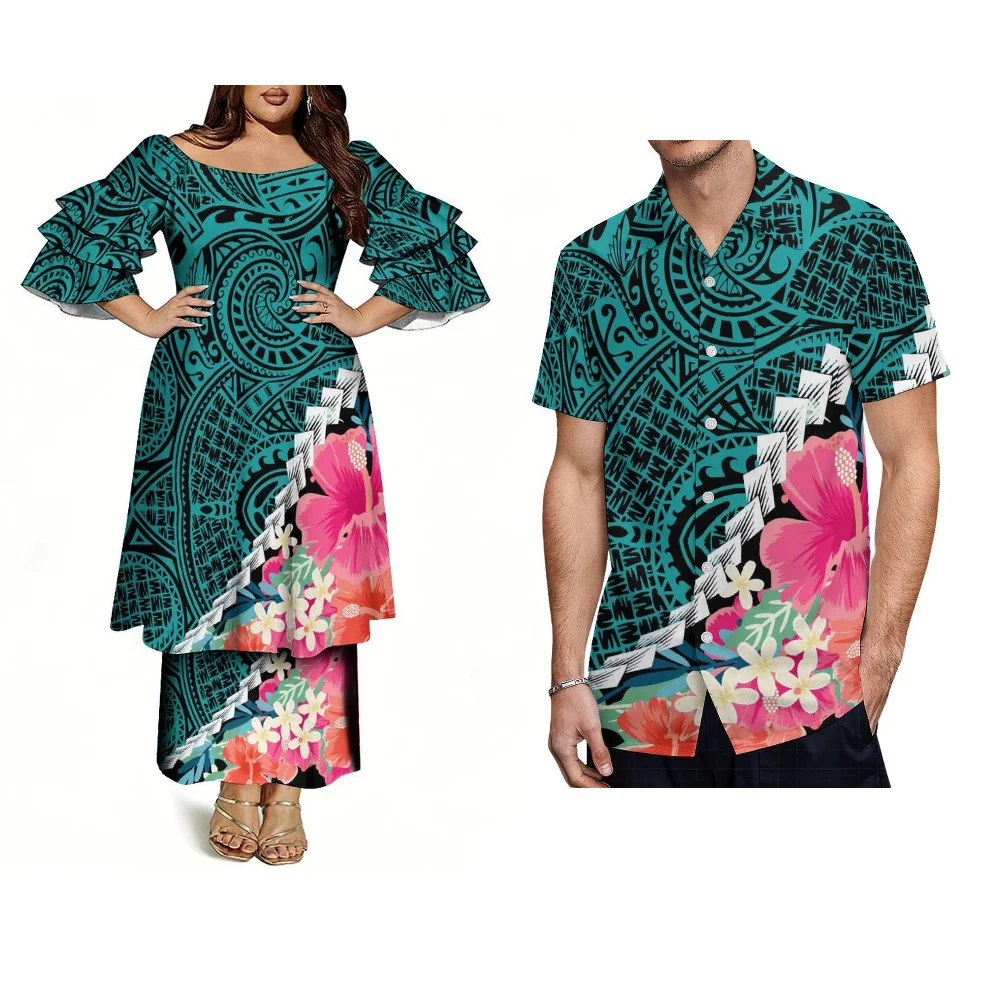 Couple Set Men'S Short-Sleeved Shirt With Polynesian Pacific Island Ethnic Style Women'S Round-Neck Puletasi Dress