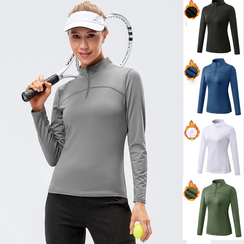 Topy do jogi Kobiety Jesień Zima Długi rękaw Bieganie Sportowy top Zamek błyskawiczny Kołnierz Fitness Outdoor Hiking Bike Sport Shirt Plus aksamit
