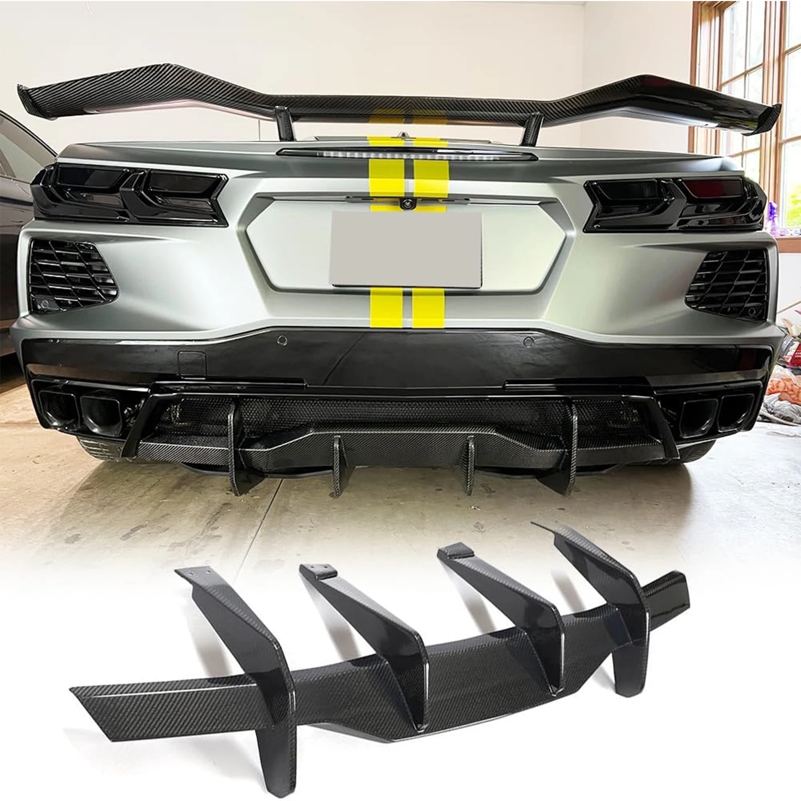 Car Rear Bumper Diffuser Shark Fin For Chevrolet Corvette C8 2 Door 2020-2023 Z51 Stingray Carbon Fiber Style Body Kit Spoiler