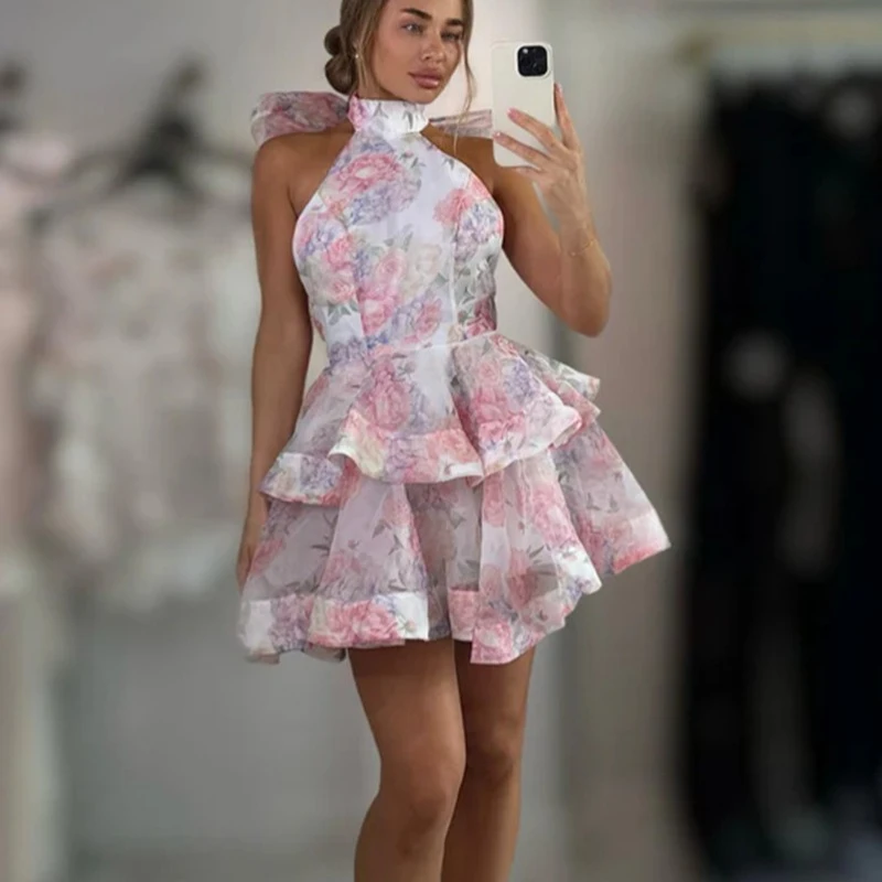 

2025 Summer New Chic Print Mini Dress Backless Sleeveless Hem Stacked Dress Elegant and Sweet Ladies Party Club Clothing